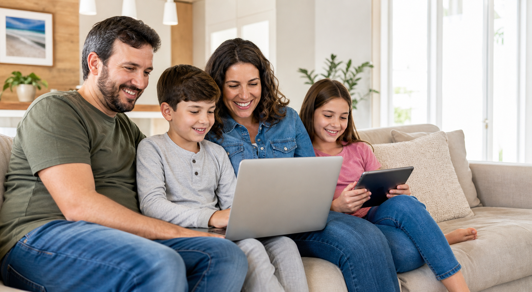 Família aproveitando a internet em casa com computador e tablet