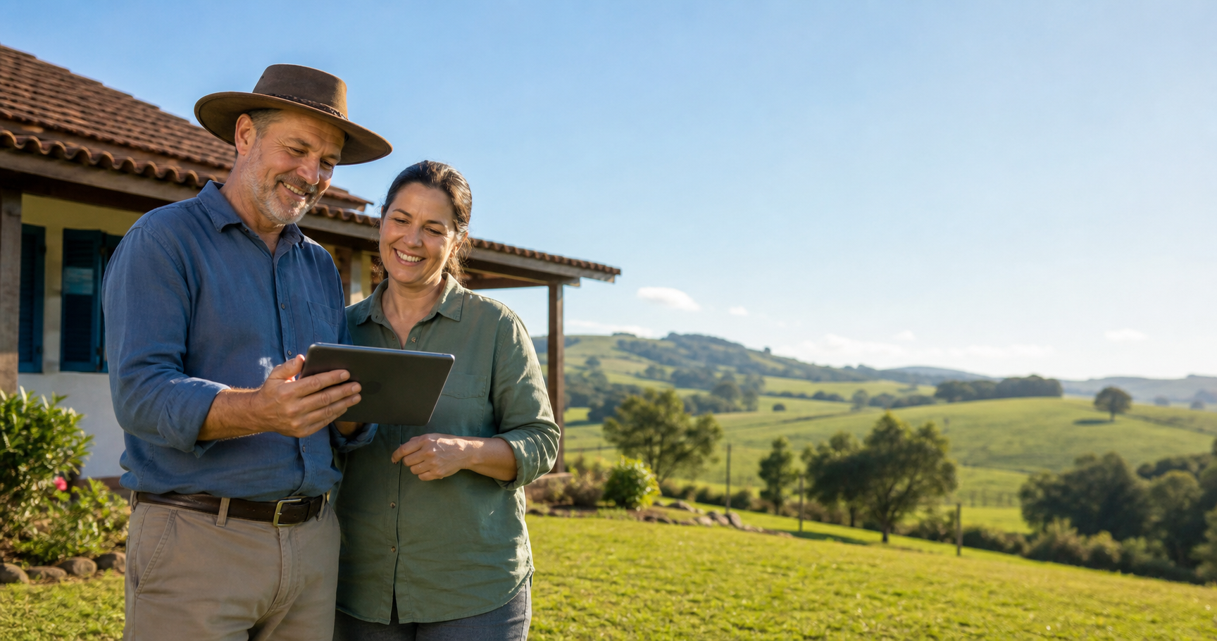 Casal usando tablet em uma propriedade rural